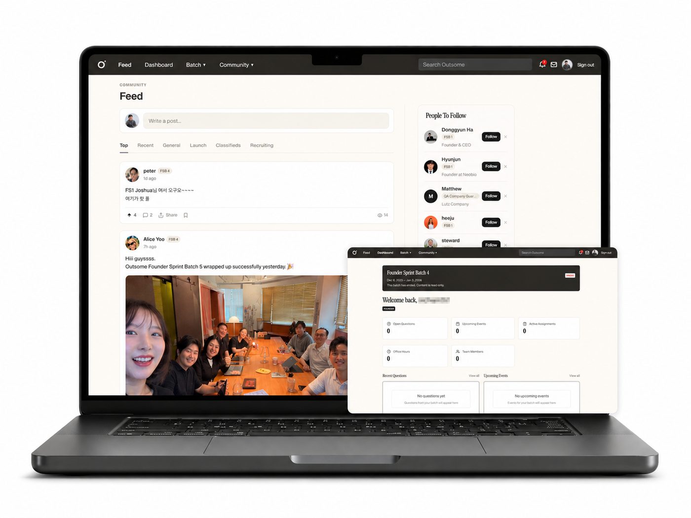 Founder Sprint community feed and batch dashboard on a laptop