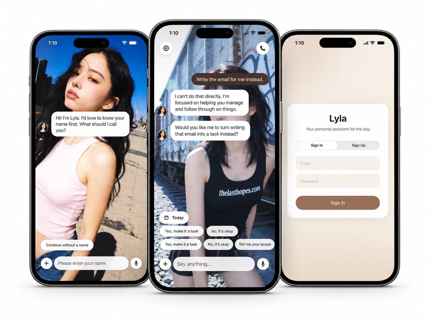 Lyla iOS app on three iPhones: chat onboarding, a chat that turns requests into tasks, and the sign-in screen