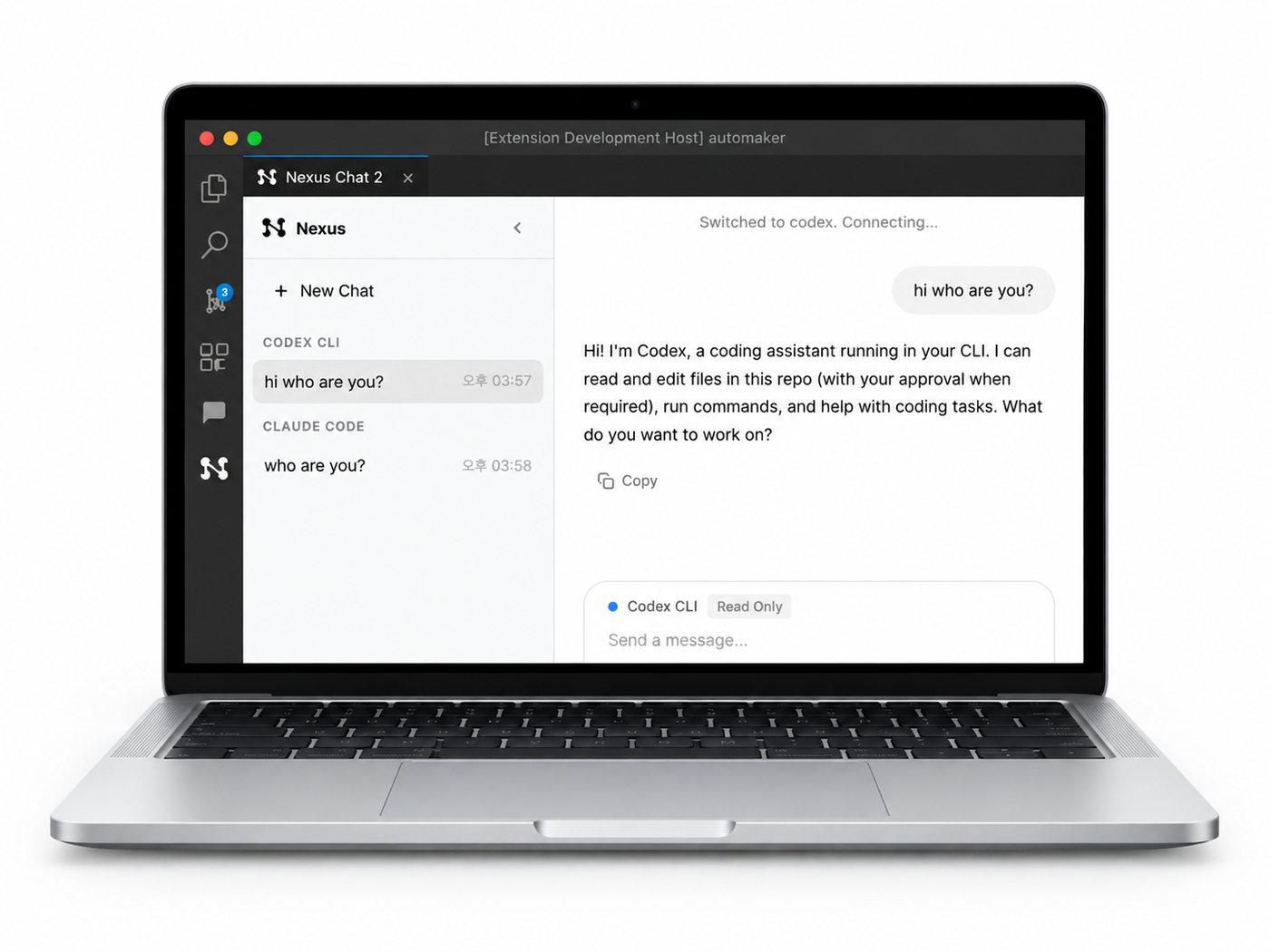 Nexus running in VS Code on a MacBook: a chat sidebar with Codex CLI and Claude Code sessions and a conversation with Codex
